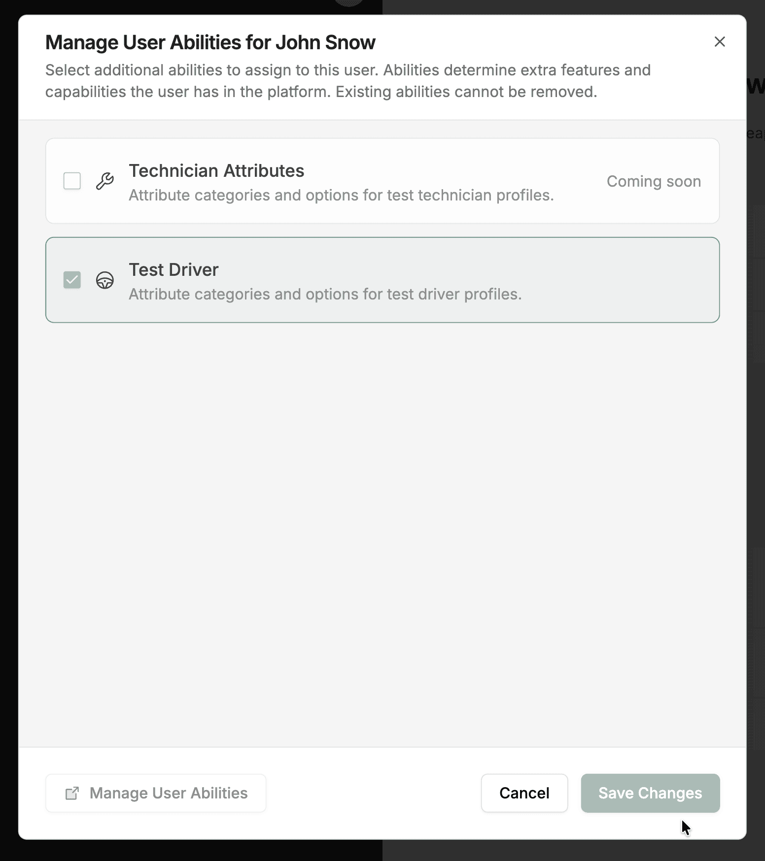 Manage User Abilities modal