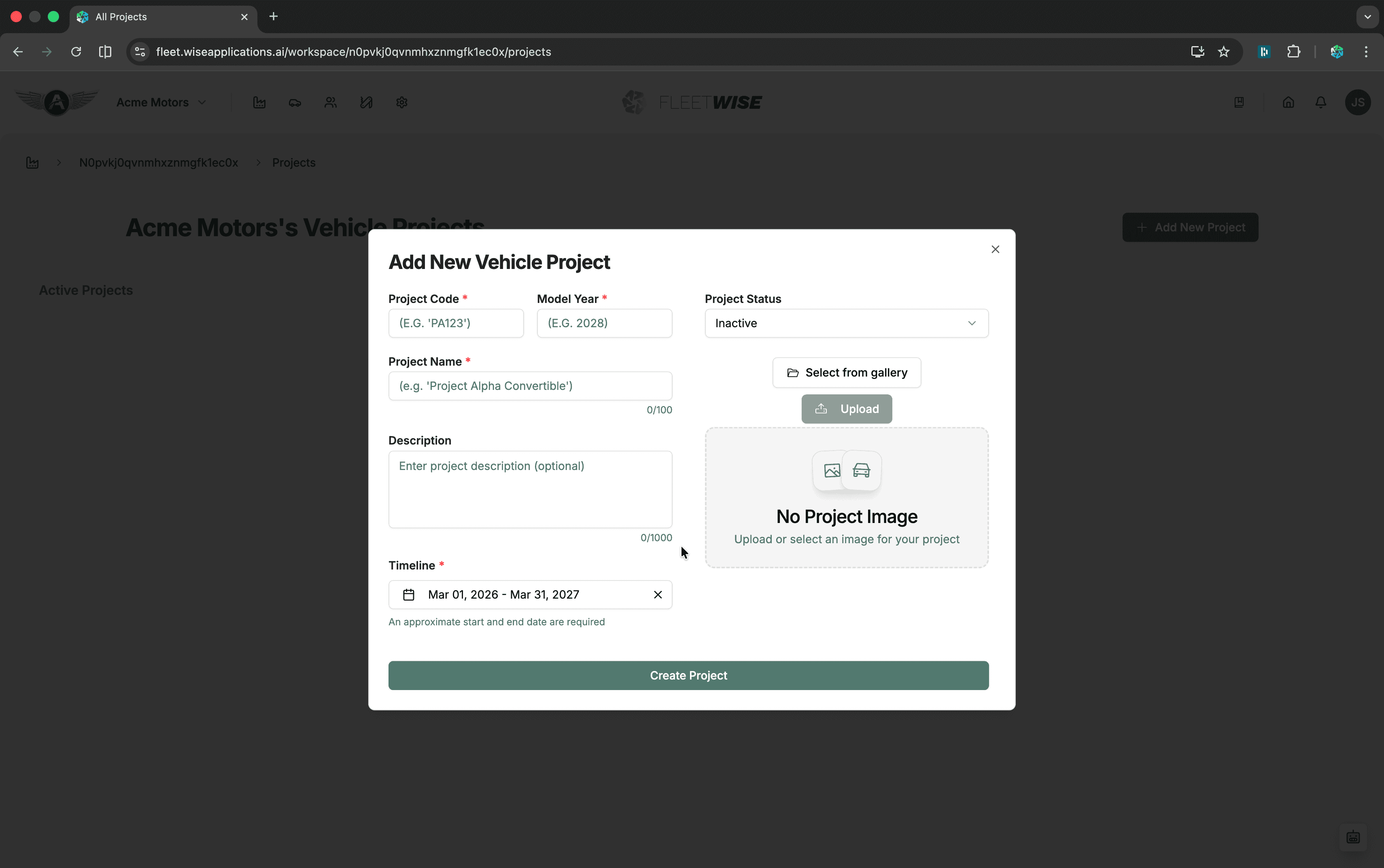 Add project form with name, dates, and description fields