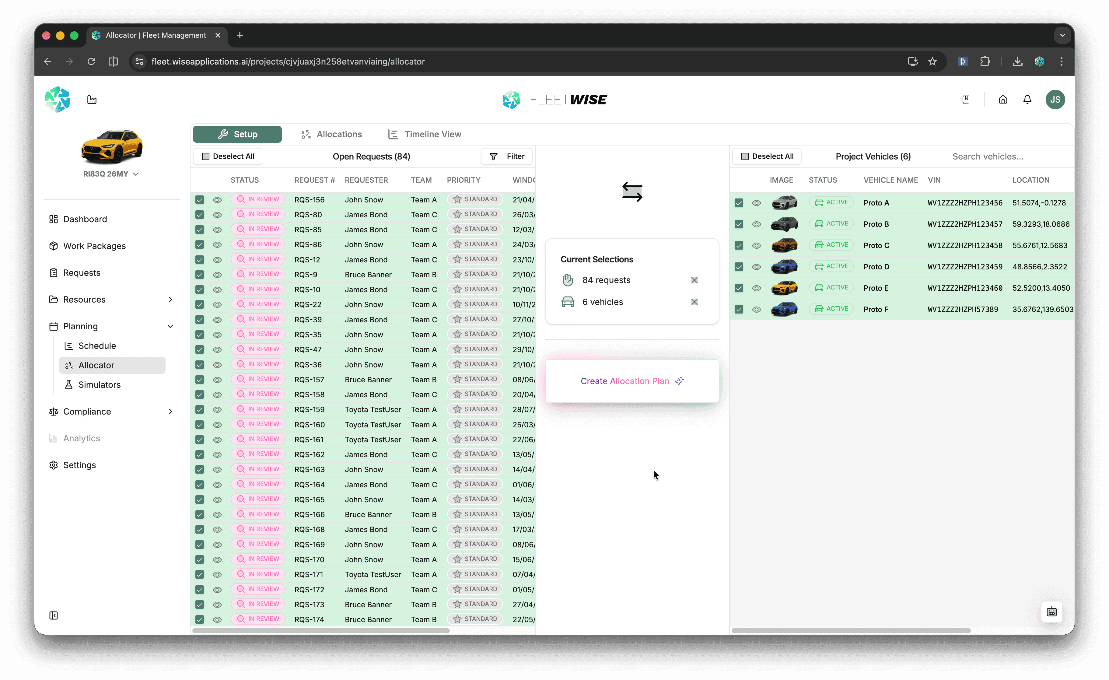Allocator landing page showing request queue