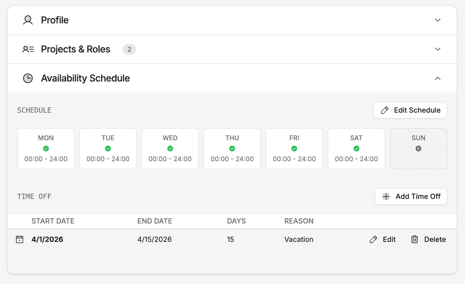 Availability schedule