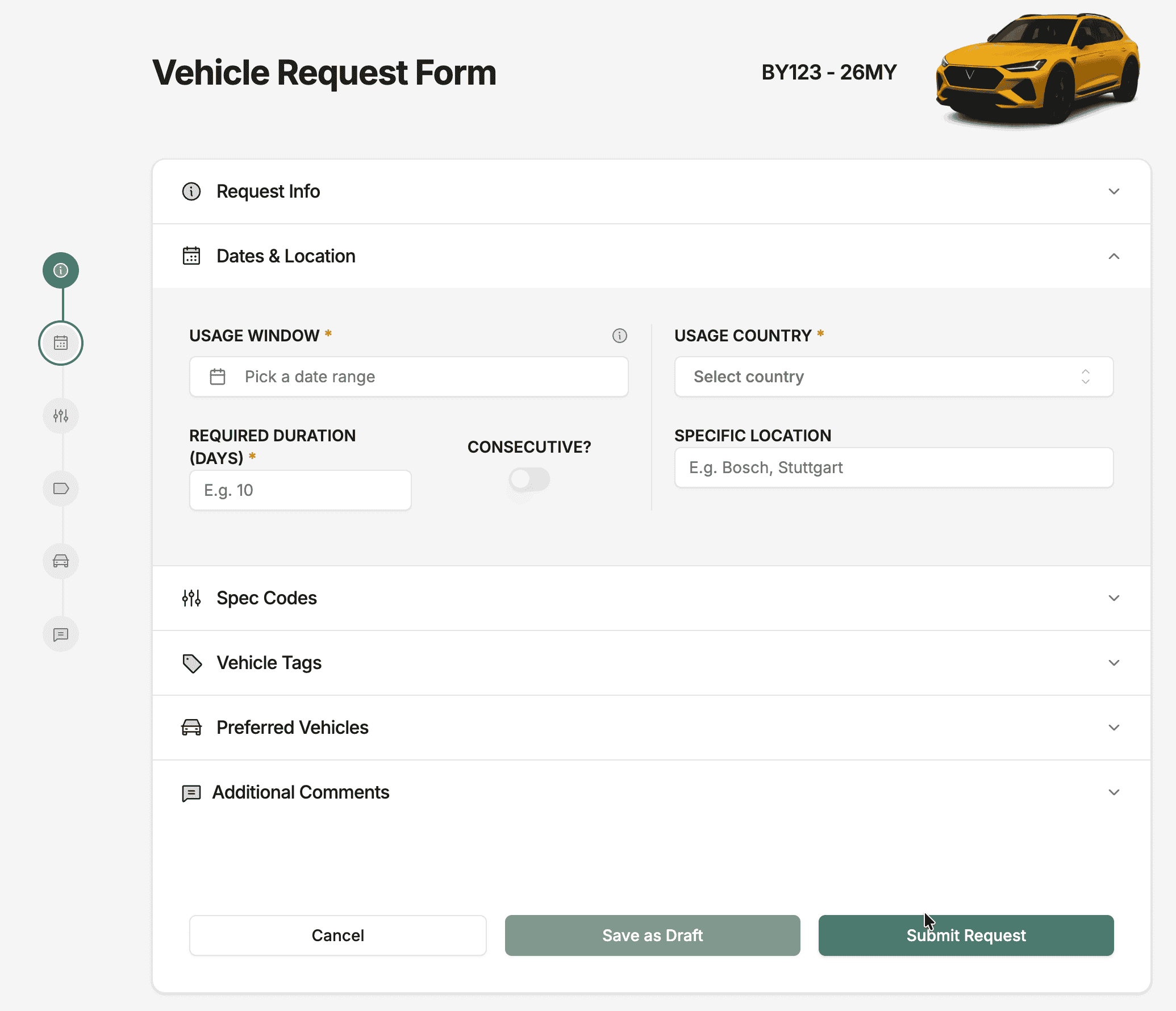 Request creation form — details step