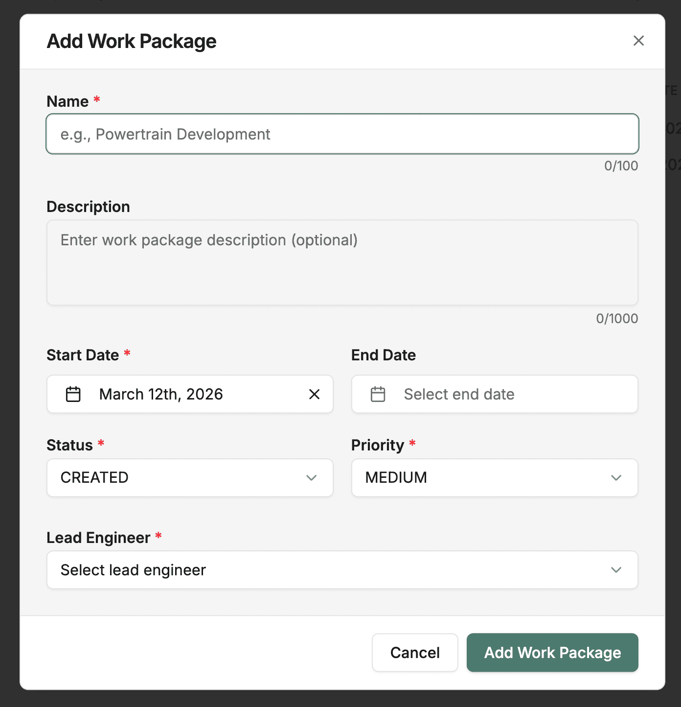 Work package creation form