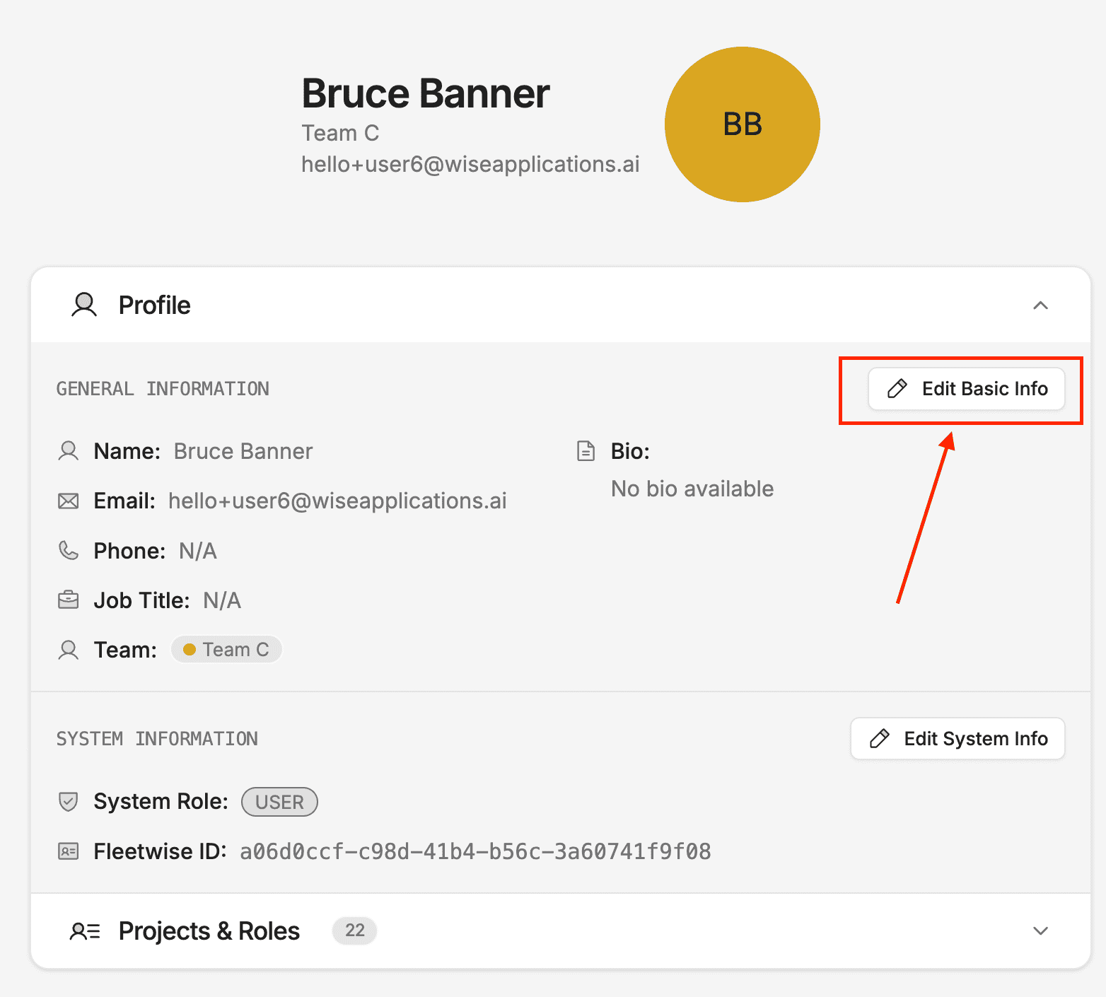 Edit Basic Information dialog with profile image, name, email, phone, job title, user colour, bio, and team fields