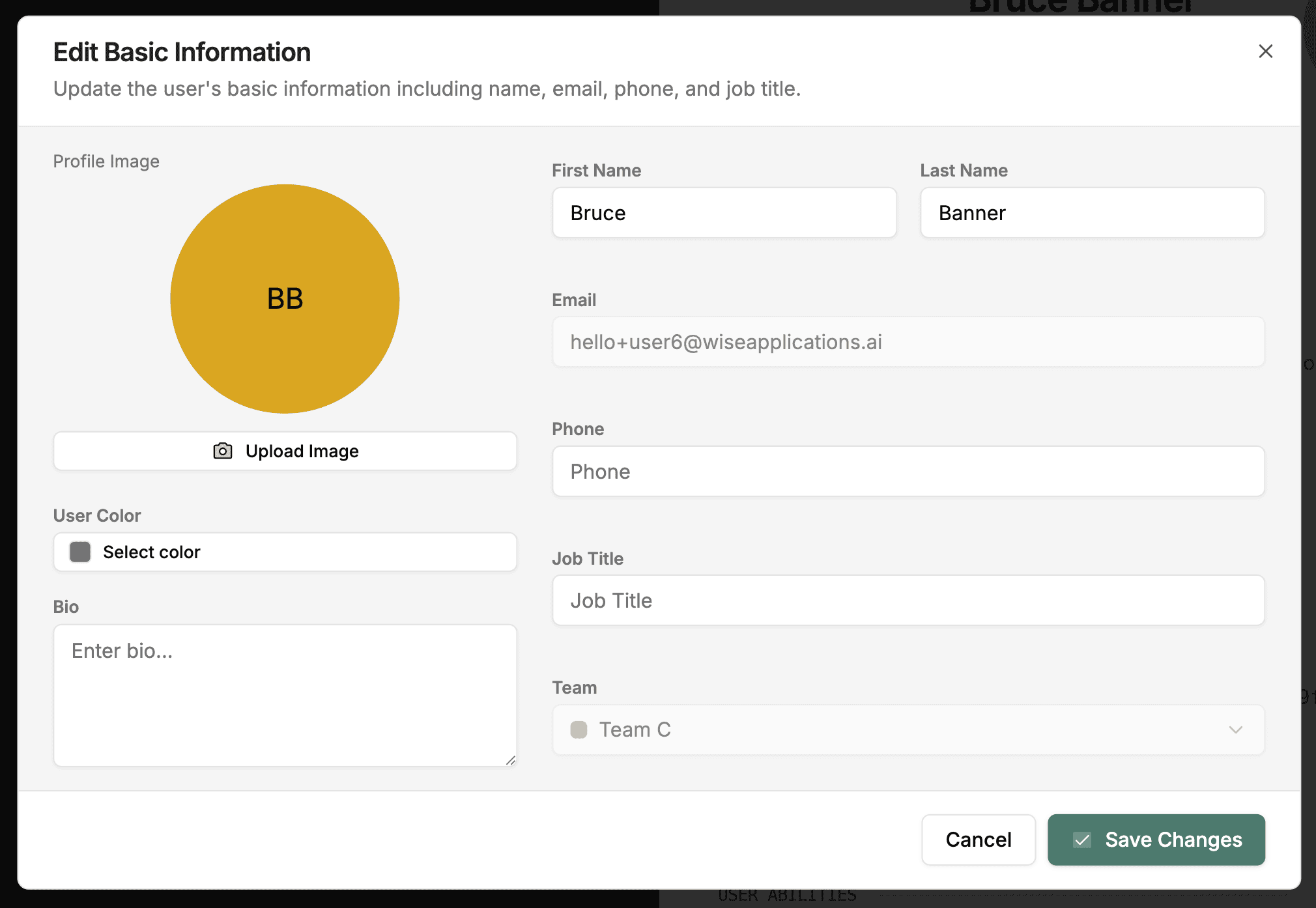 Edit Basic Information dialog with profile image, name, email, phone, job title, user colour, bio, and team fields