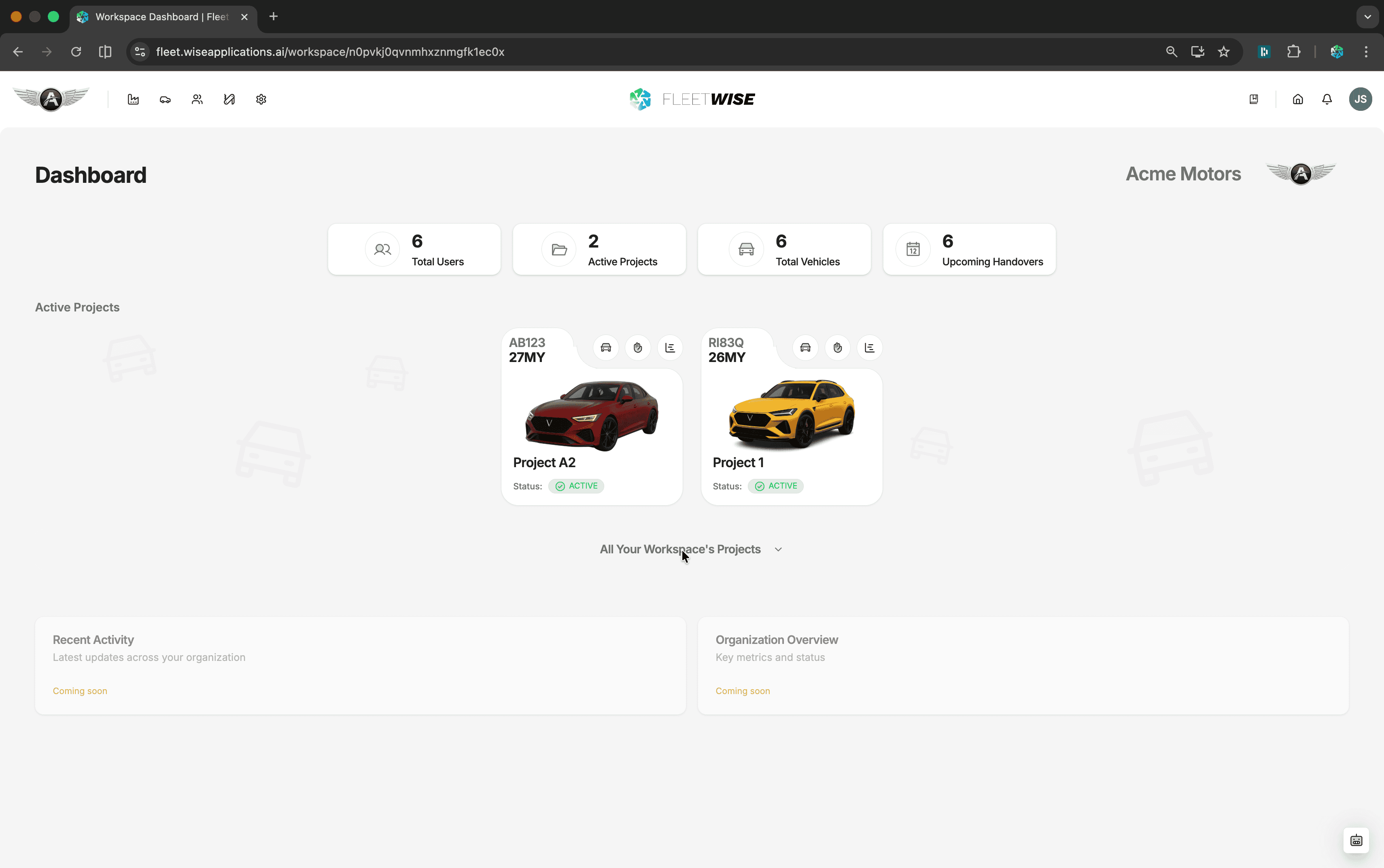 Header bar with workspace selector, navigation links, and user menu