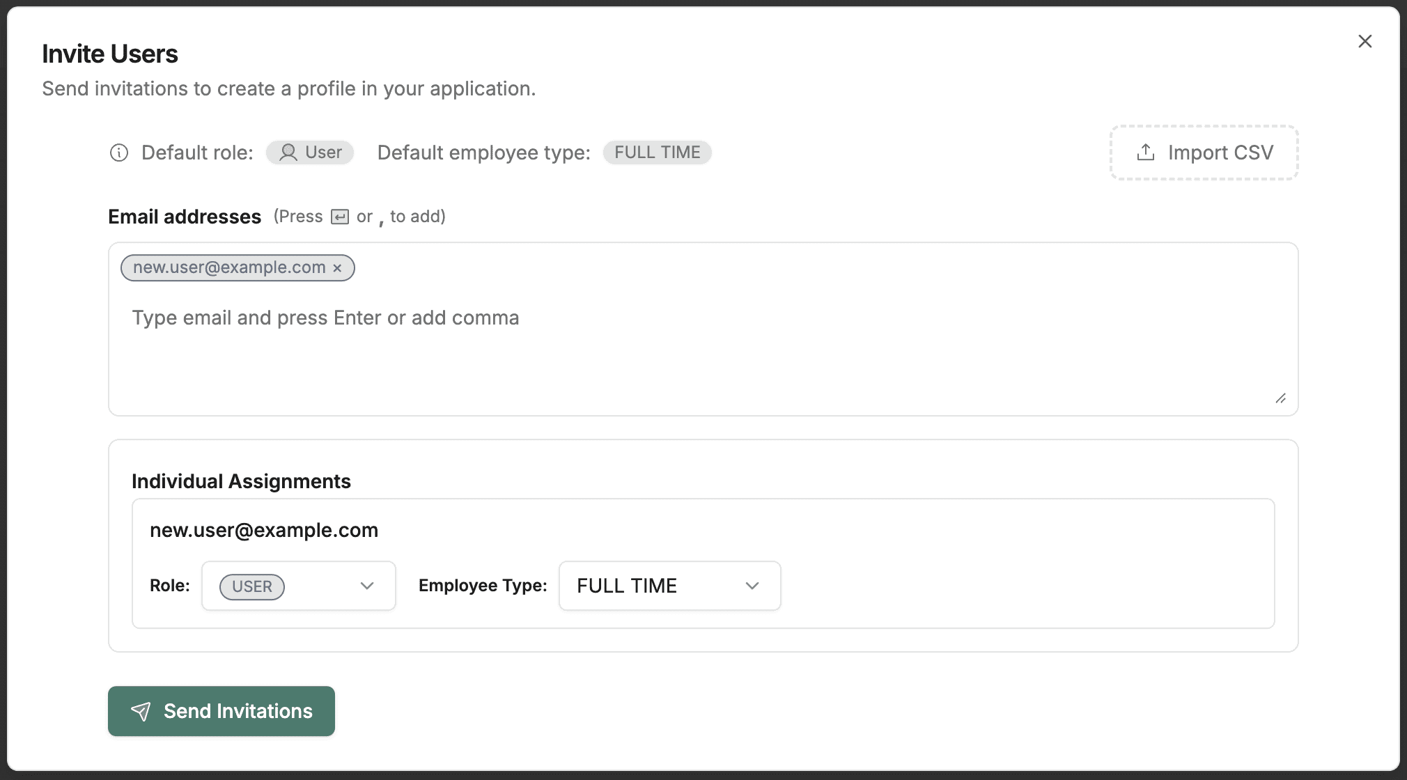 Invite user form with email and role fields