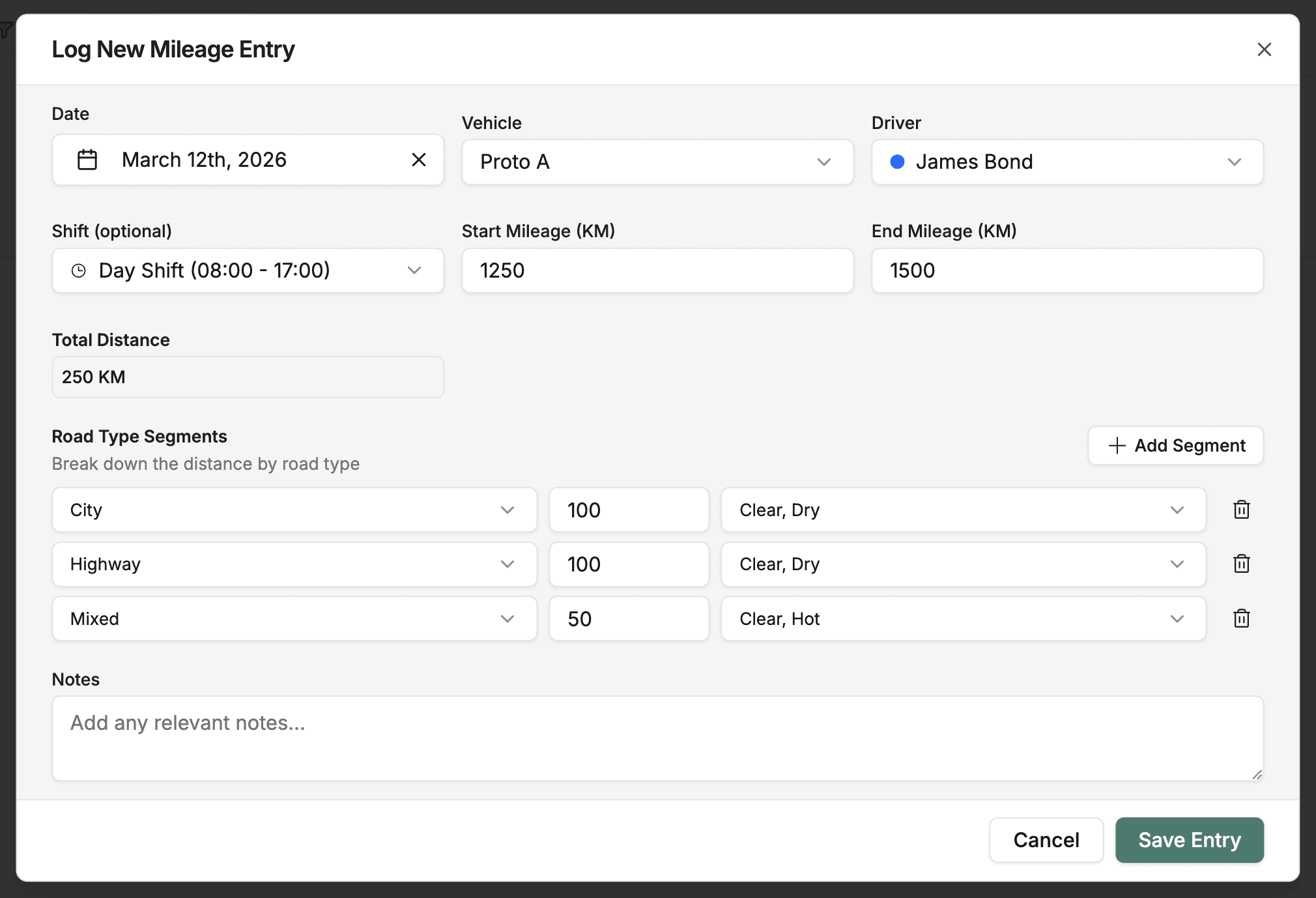 Log entry creation form
