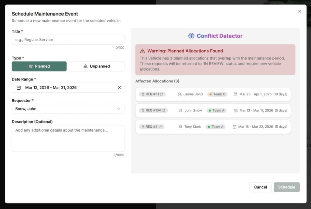 Schedule Maintenance Event form with Conflict Detector showing affected allocations