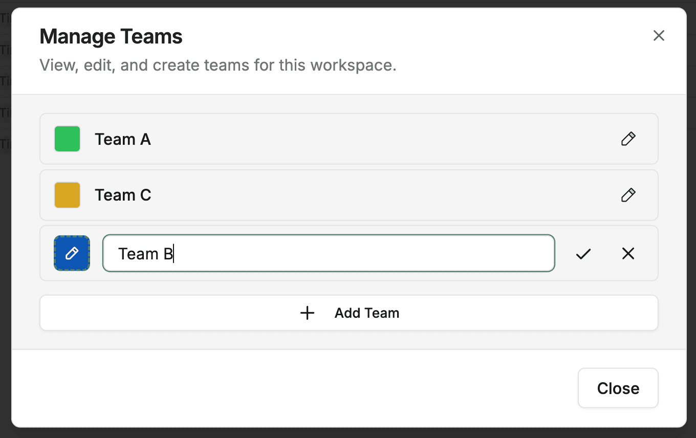 Manage teams dialog