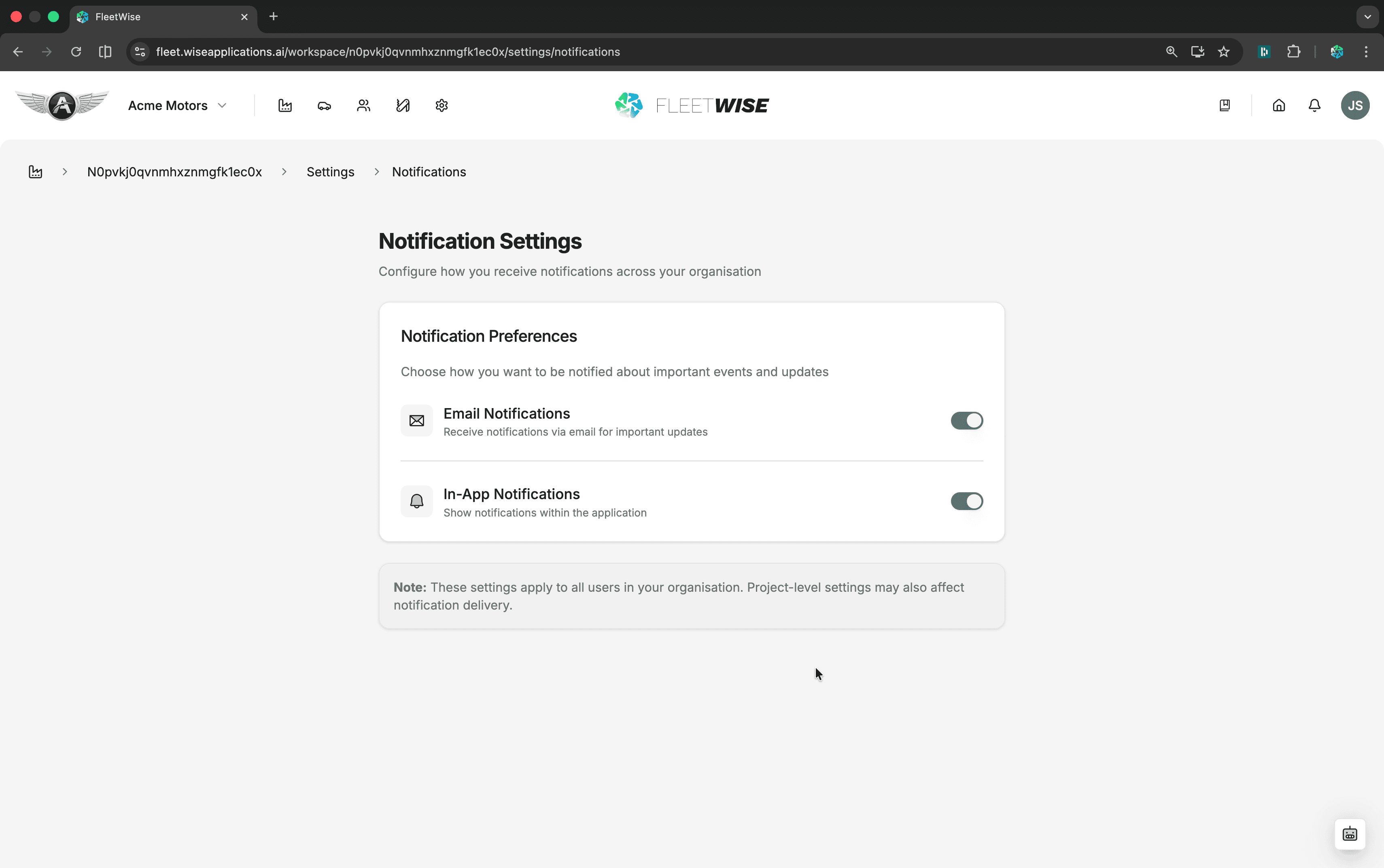 Notification preferences page showing toggle switches per event type