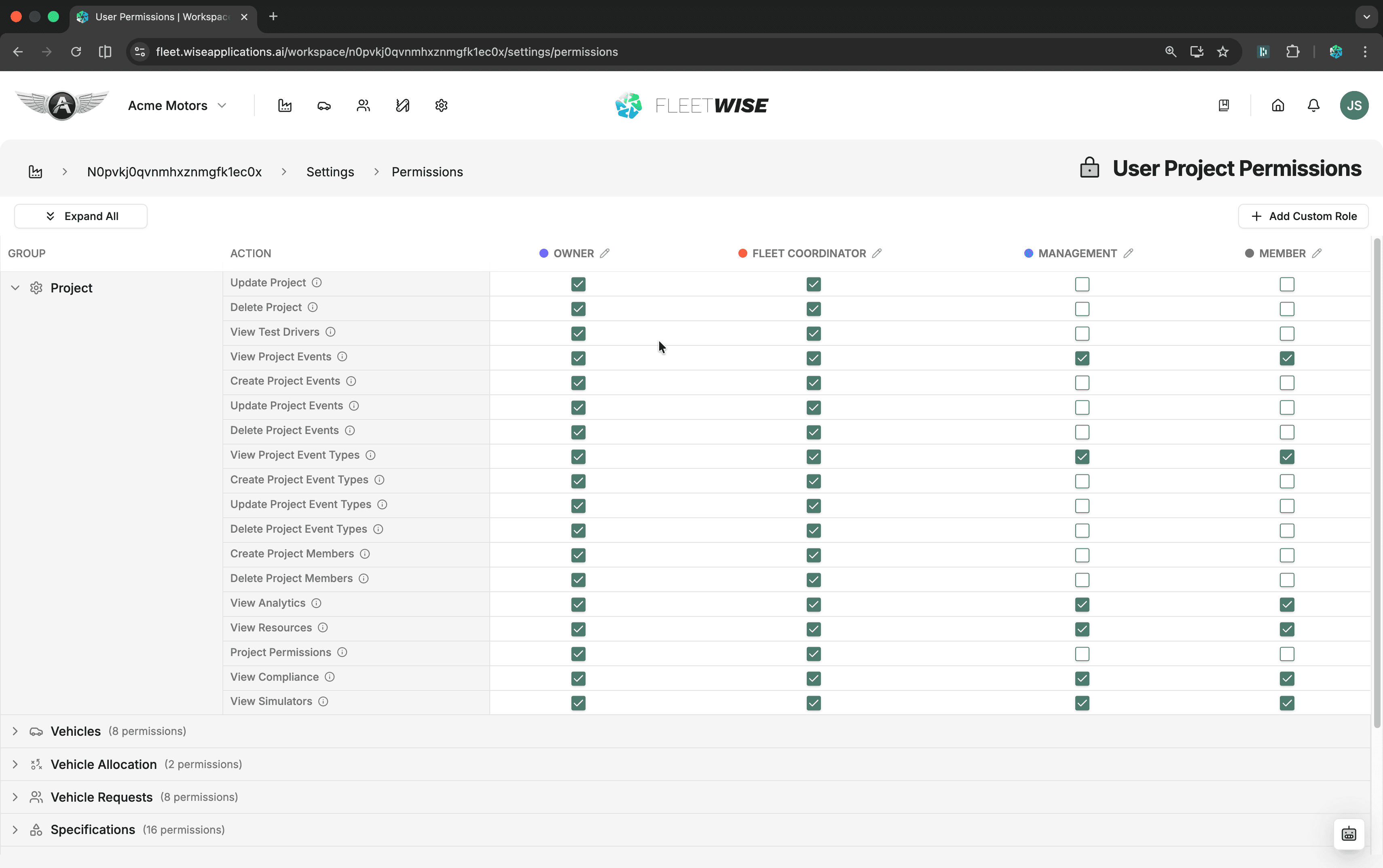 Permissions manager showing role configuration