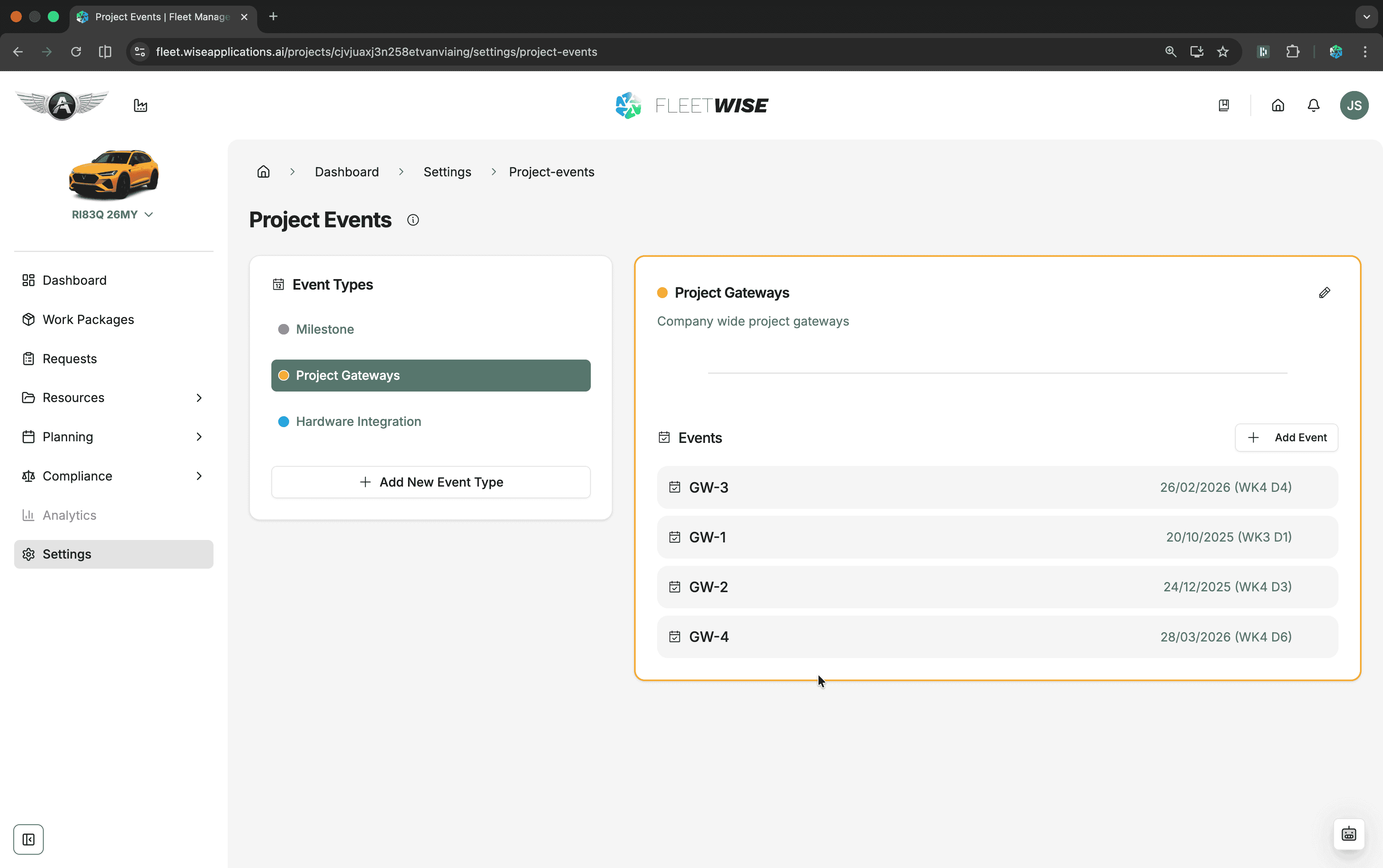 Project events timeline