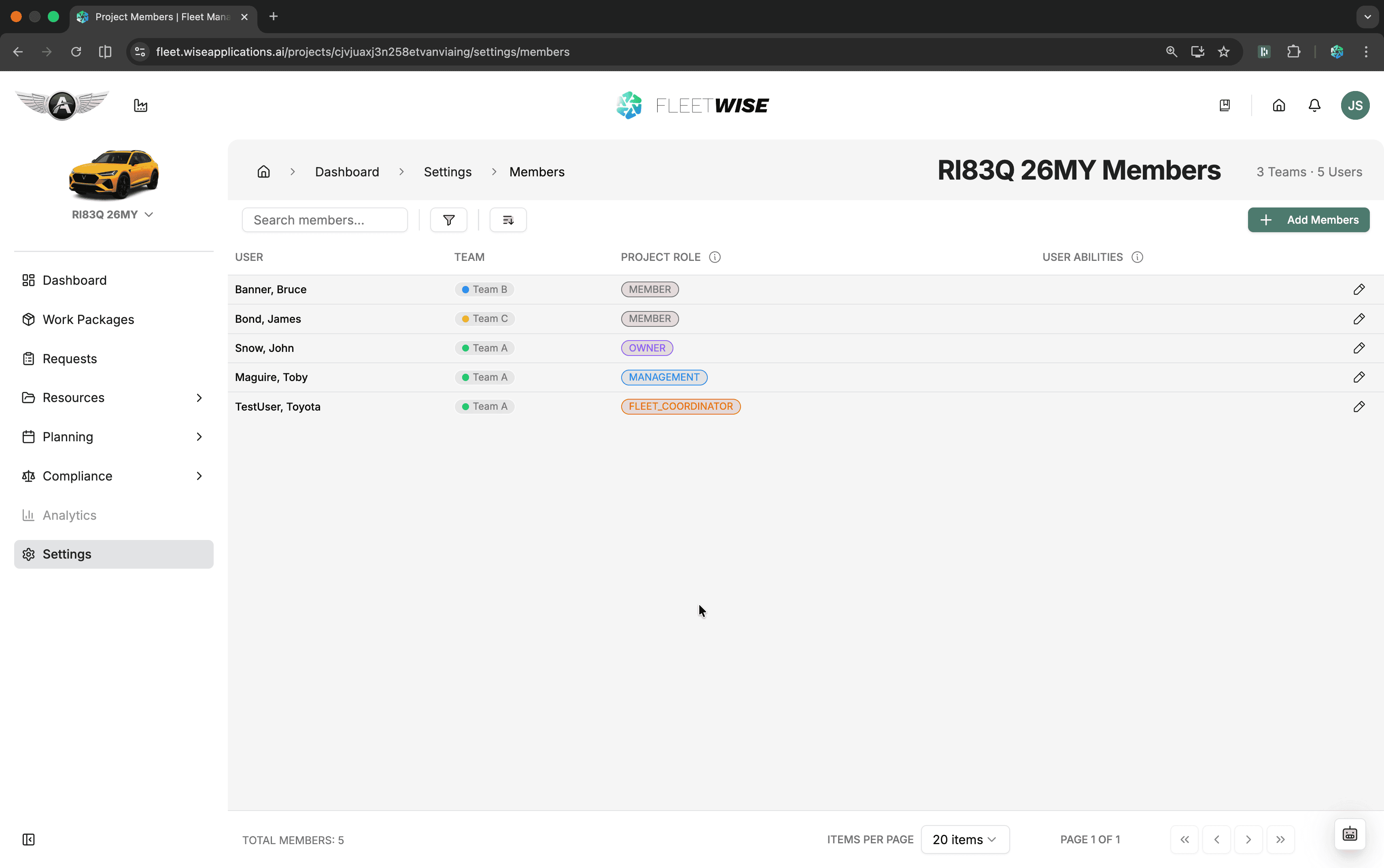 Project members settings