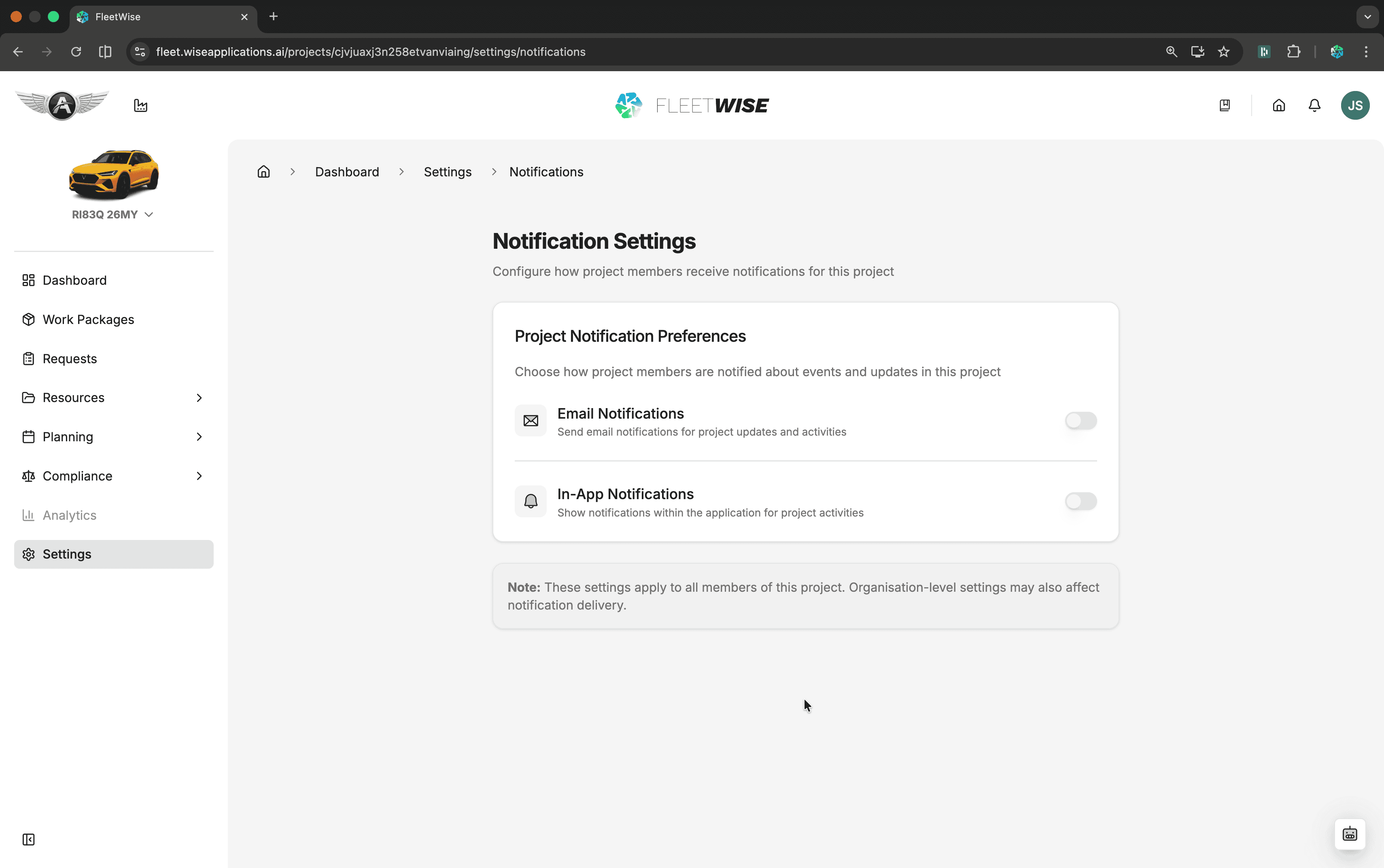 Project notification preferences