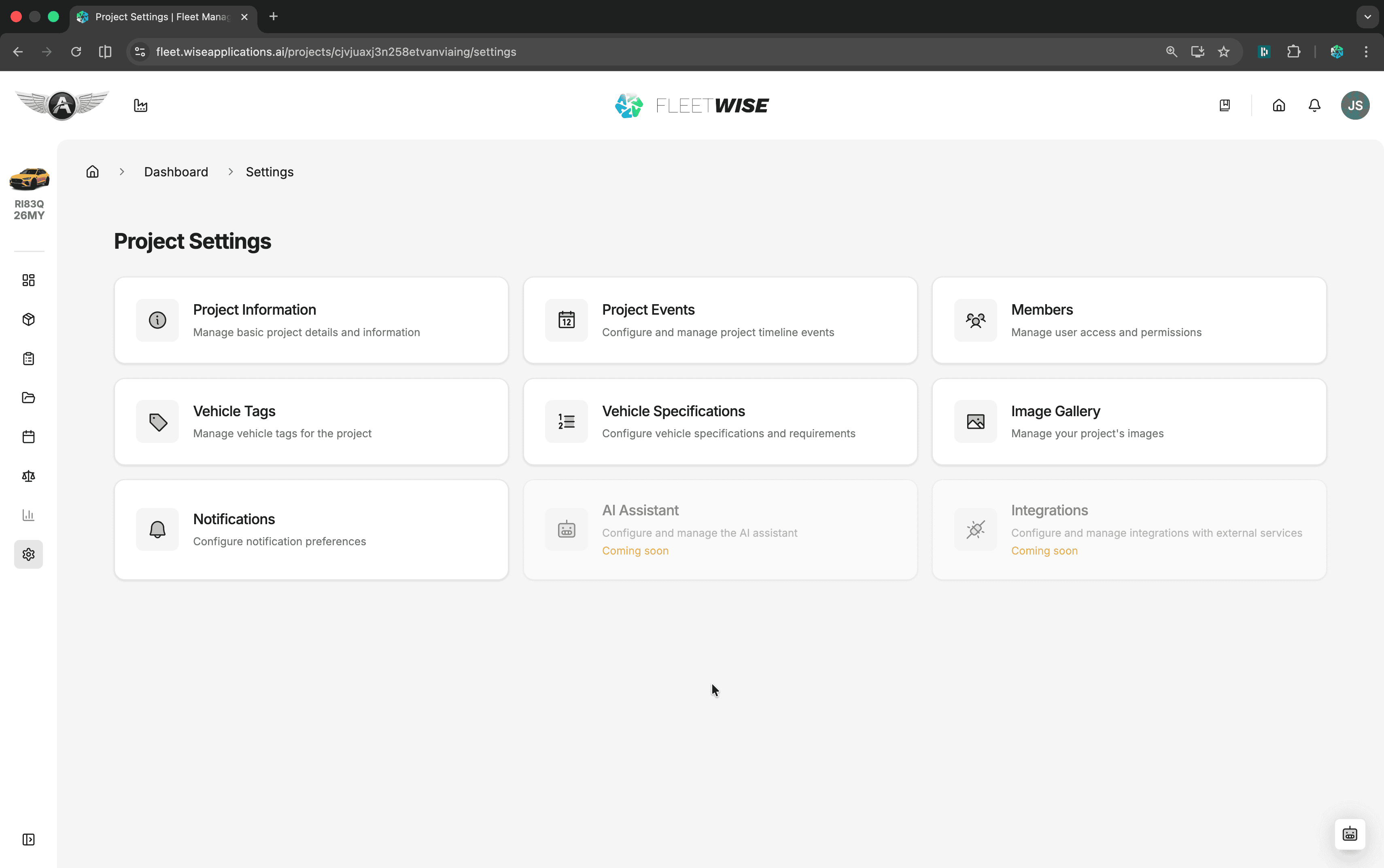 Project settings hub showing setting categories