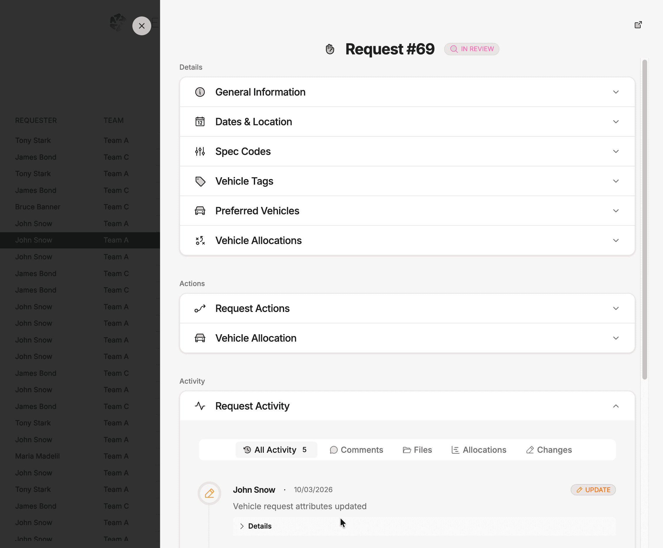 Request detail view showing status, requirements, and allocation info