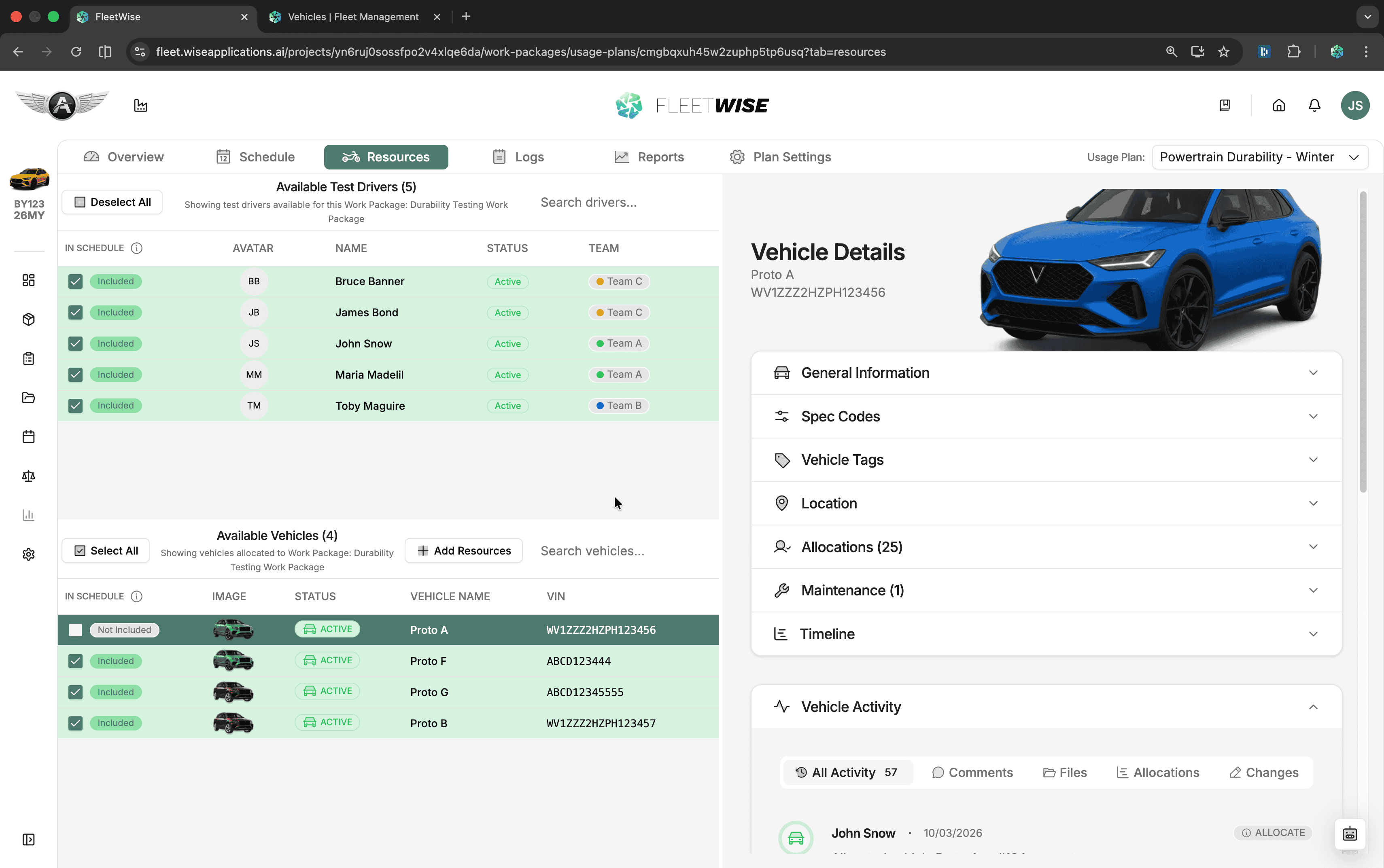 Resources tab showing vehicle and driver selection panels