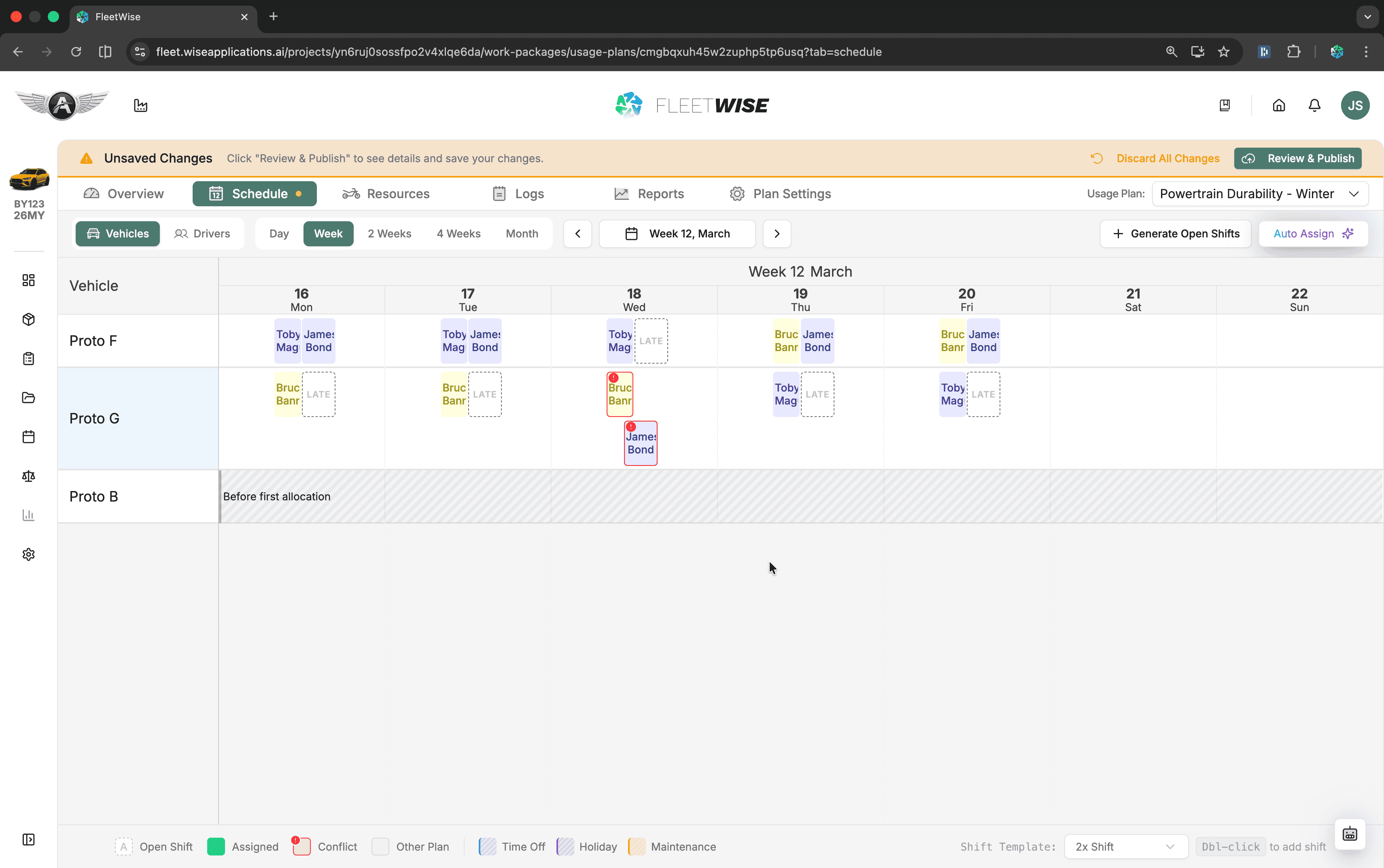 Schedule showing conflict indicators on shifts