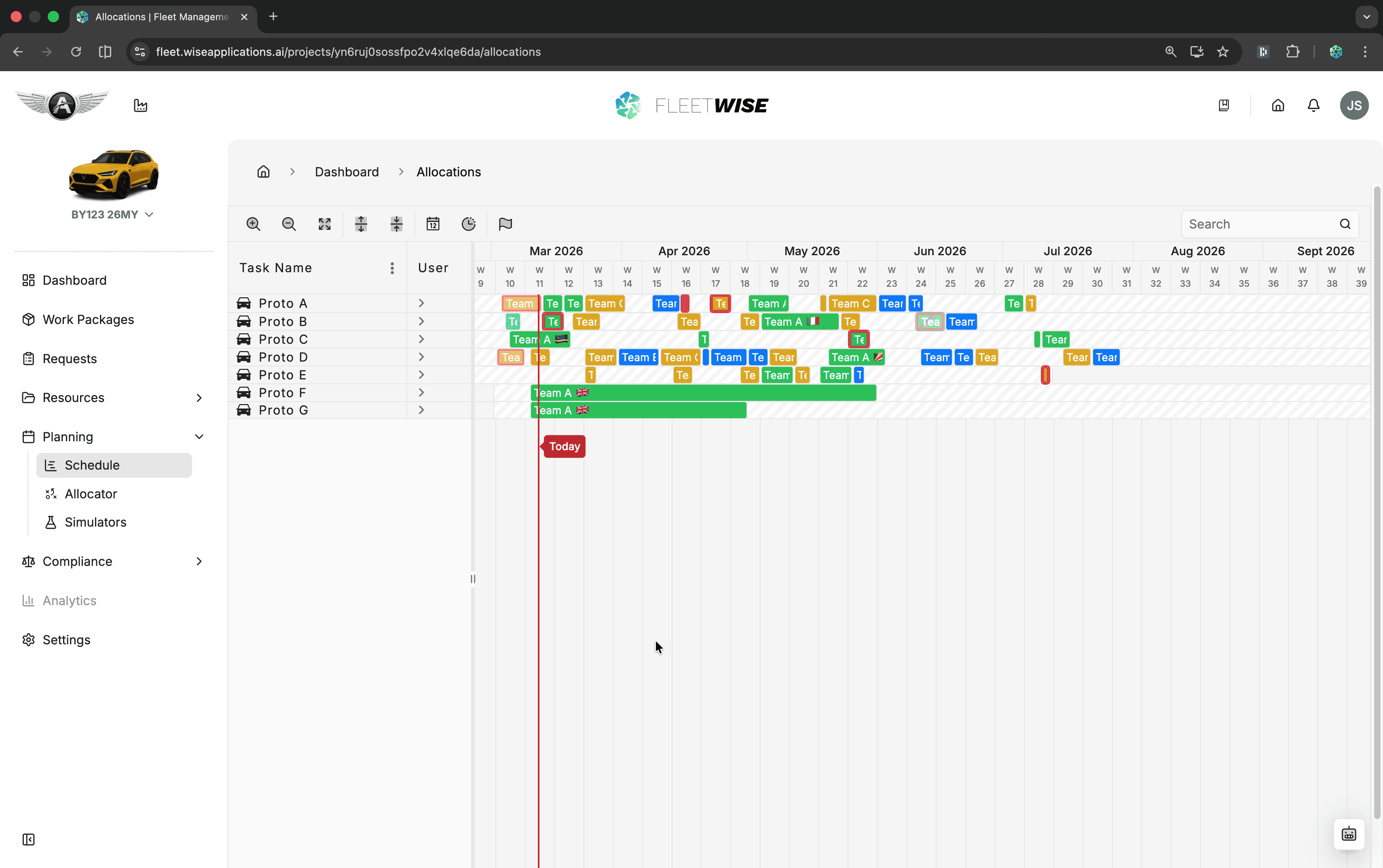 Schedule view showing Gantt timeline with allocations and maintenance blocks