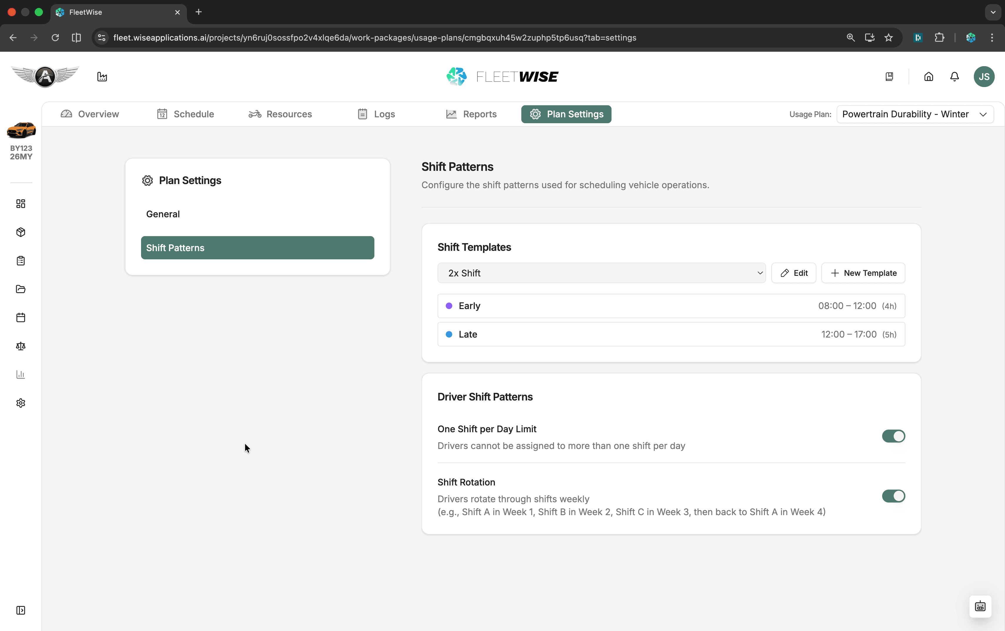 Shift template configuration in Plan Settings