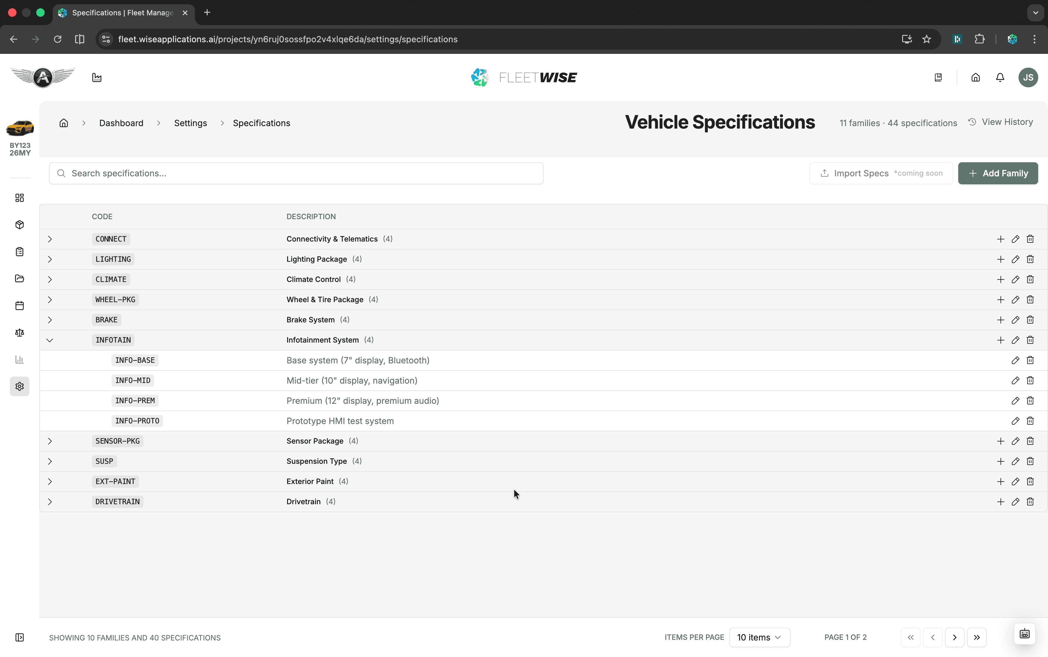 Specifications settings page showing spec code families and values