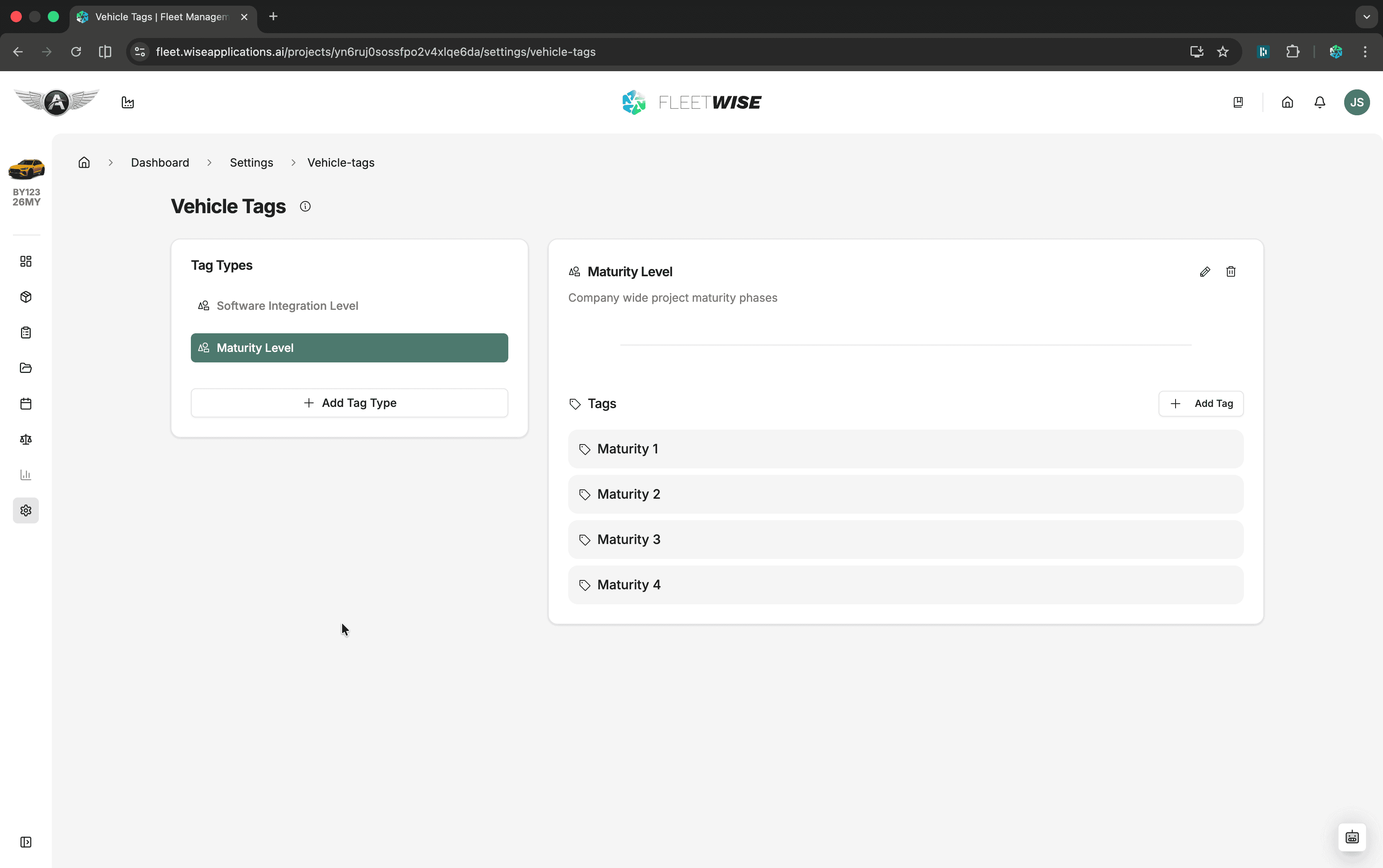 Vehicle tags settings page showing categories and values