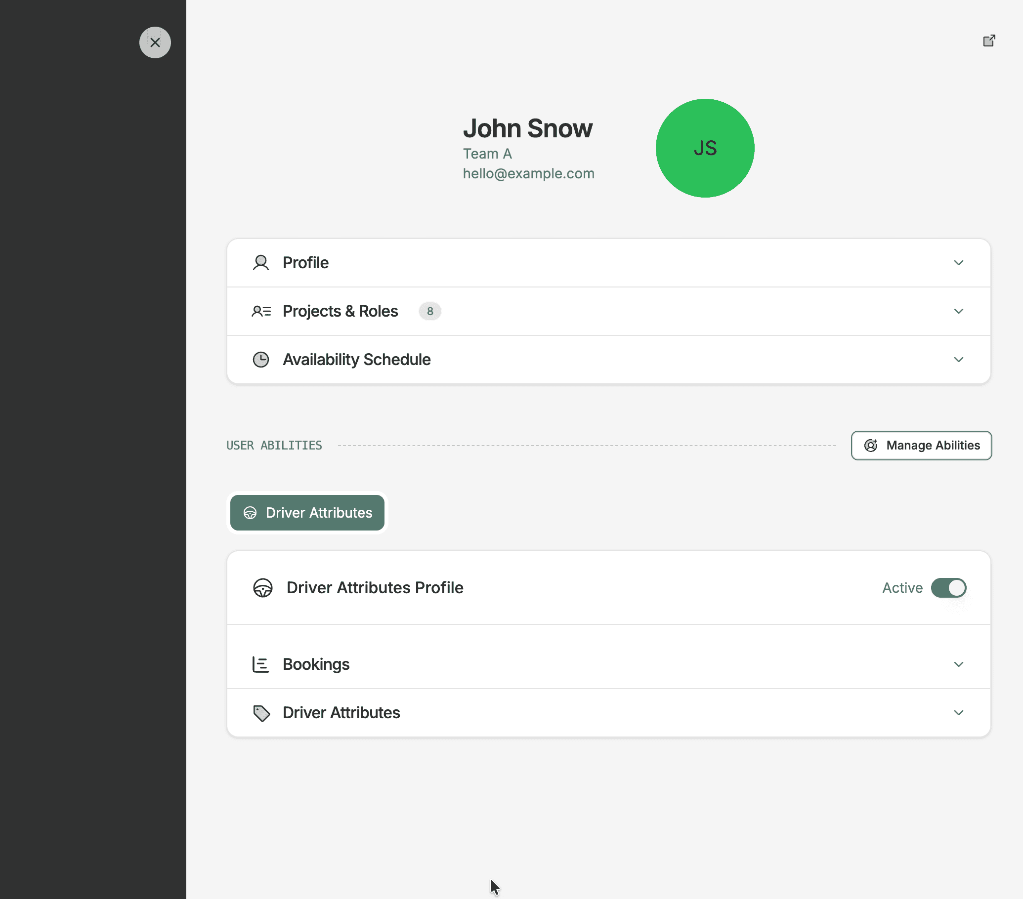 User detail view showing role, status, and project access