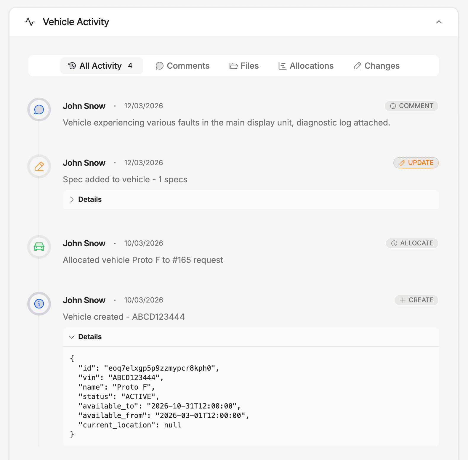 Allocation activity section