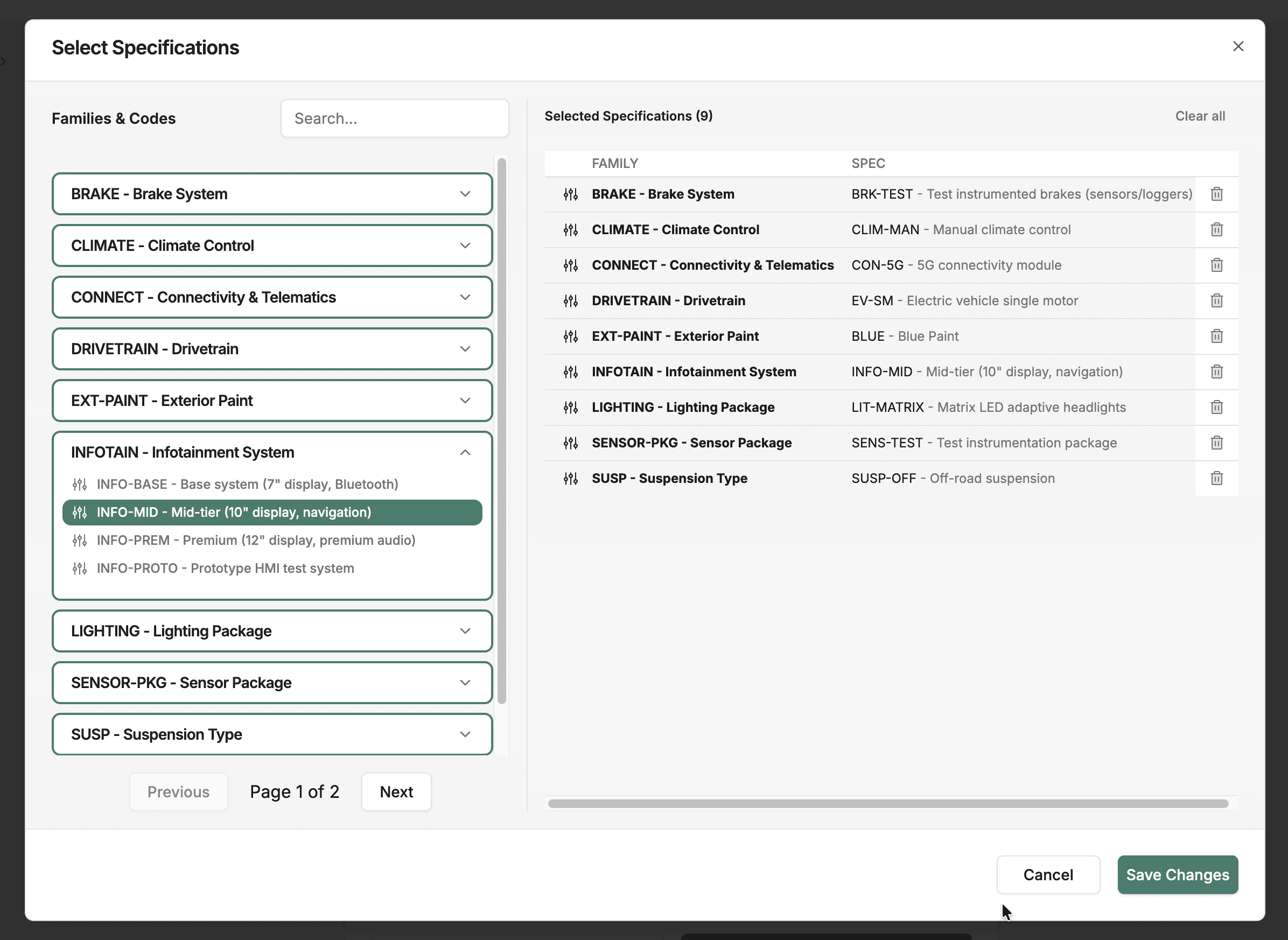 Spec codes section on vehicle detail page