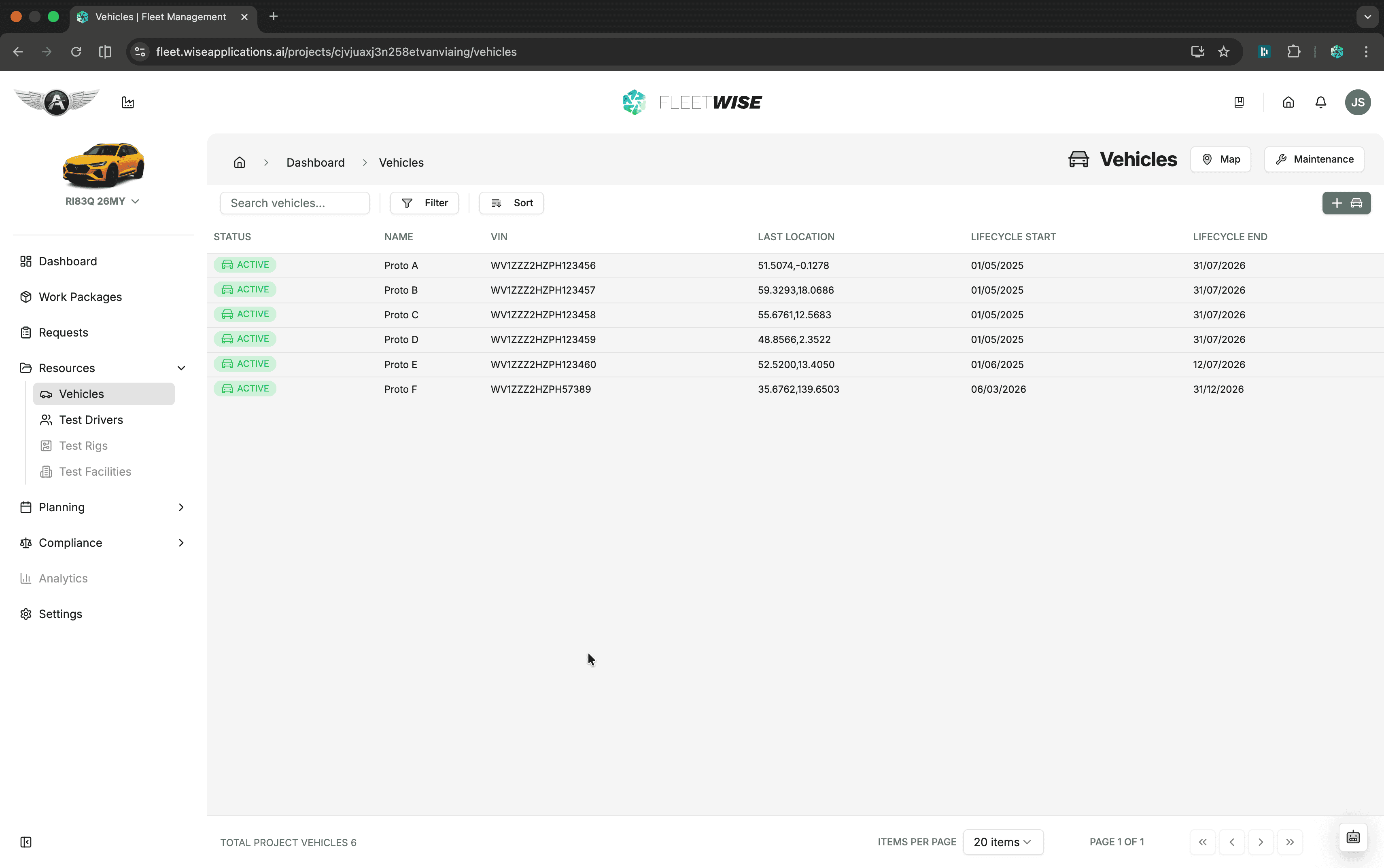 Vehicle list page with search, filters, and data table