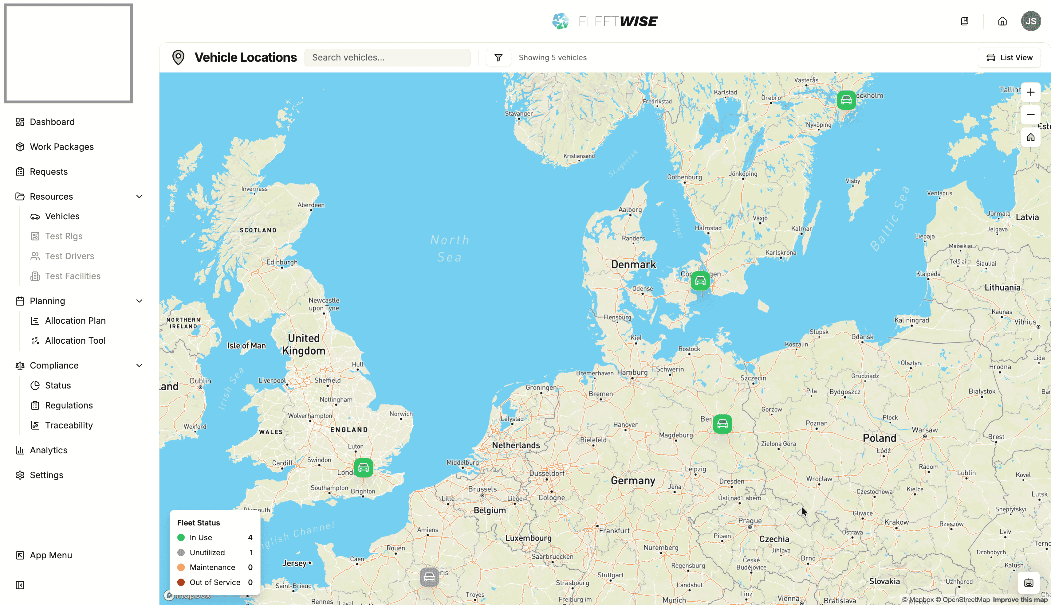 Vehicle map showing pins for vehicle locations on an interactive map
