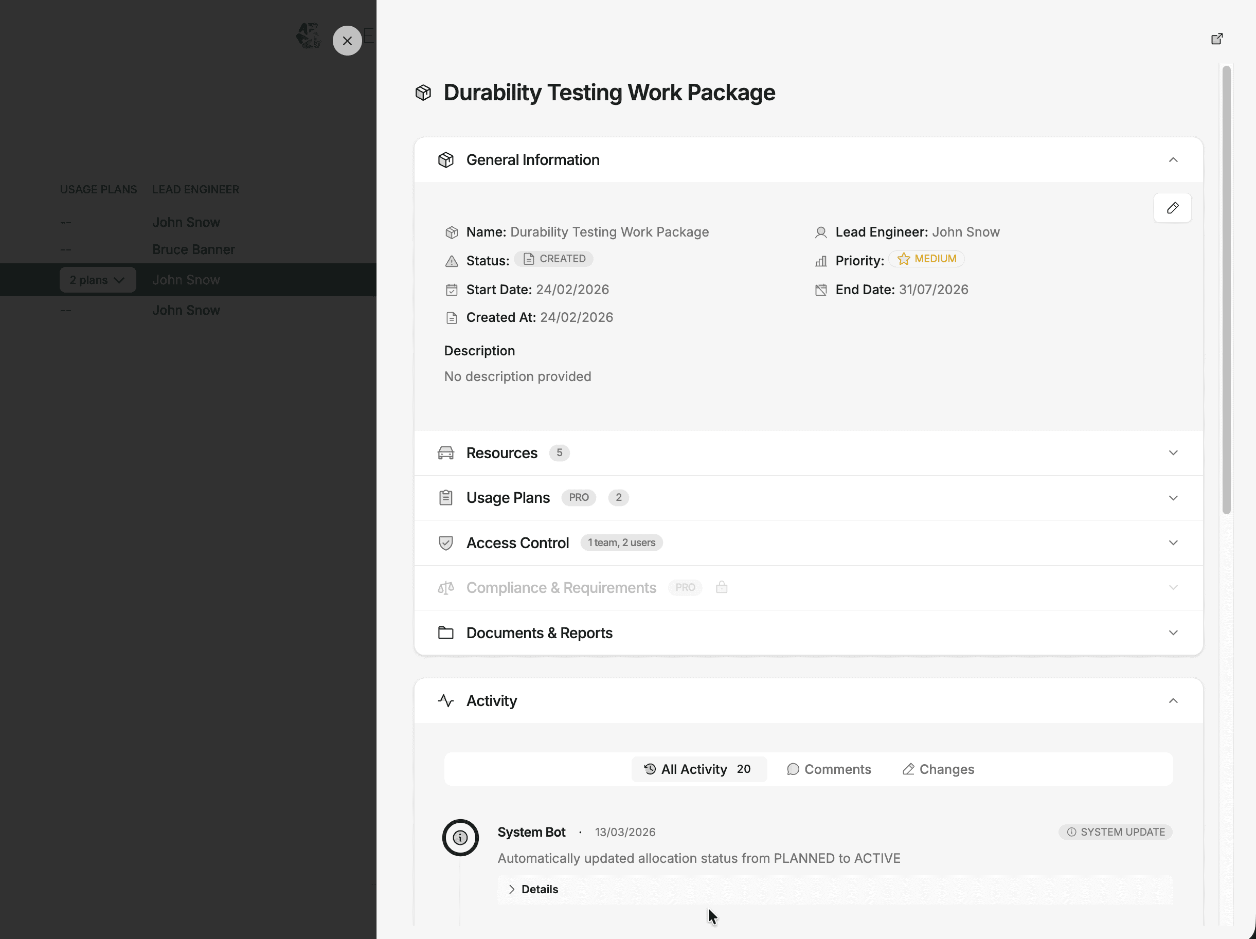 Work package detail view showing tabs for overview, usage plans, requests, and documents