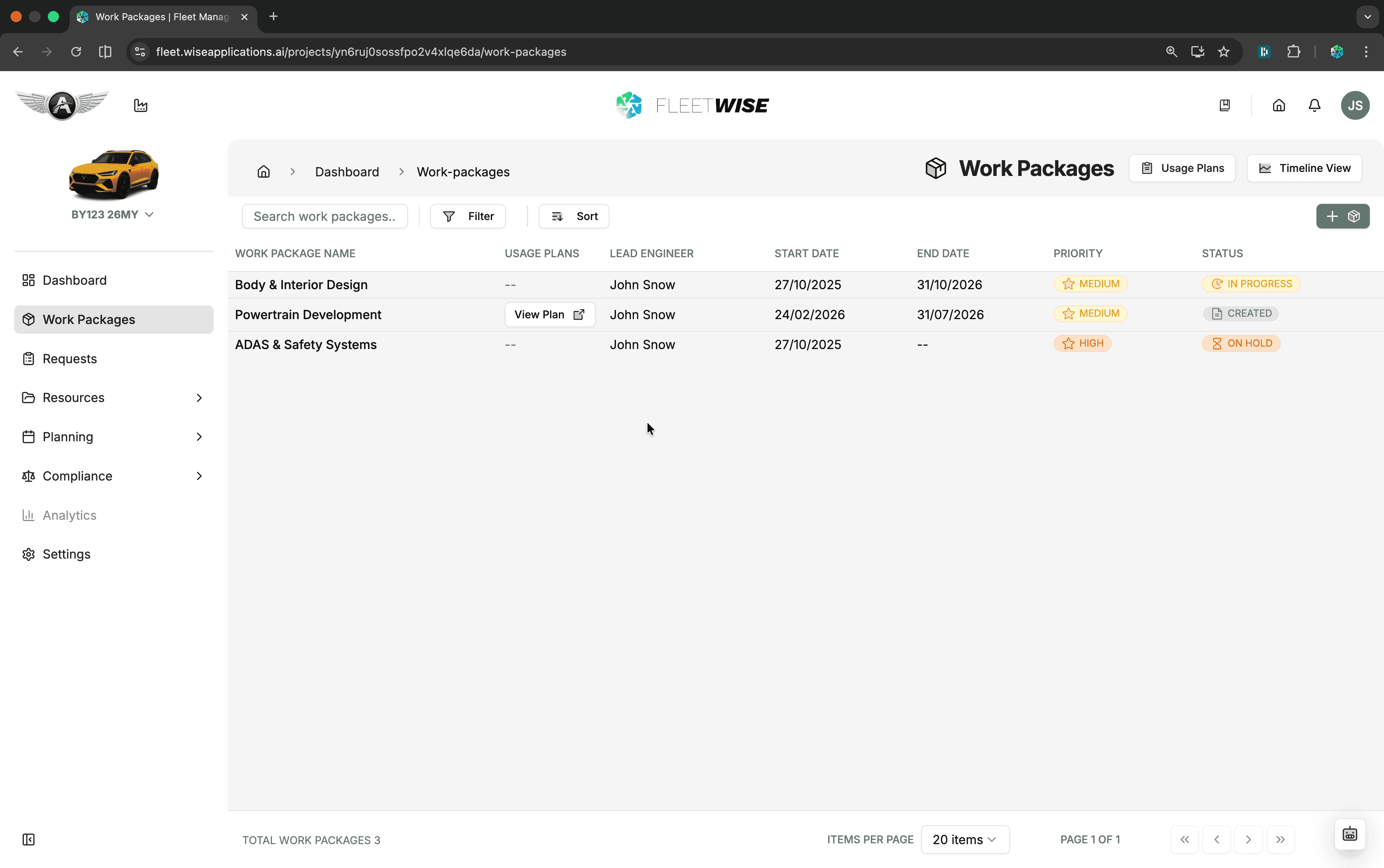 Work packages list with the Add Work Package button