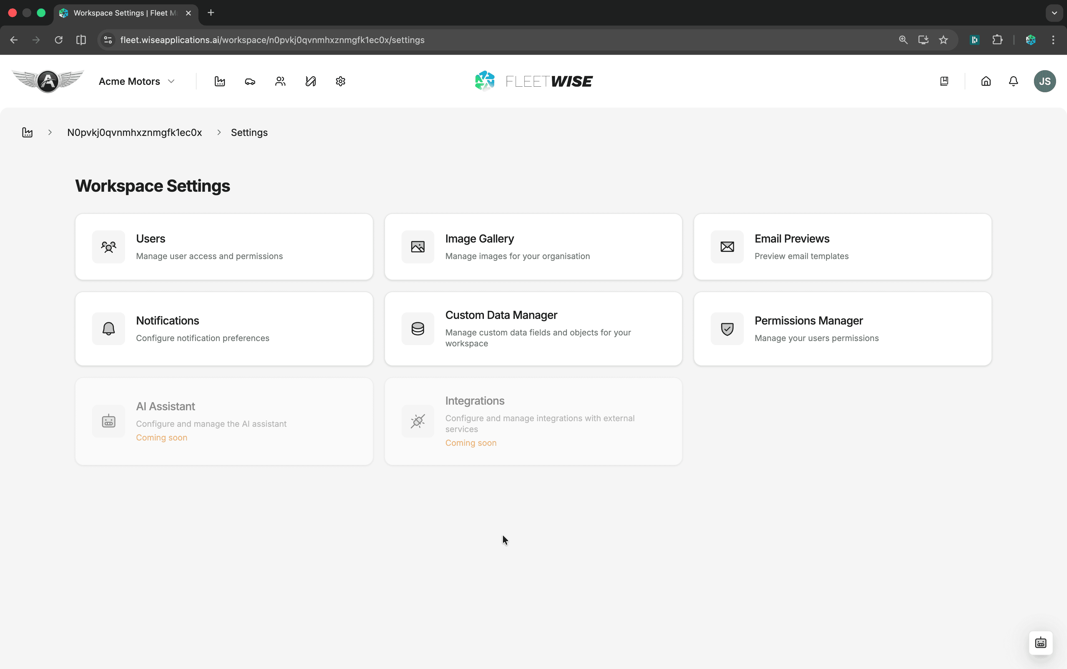Workspace settings hub showing setting categories