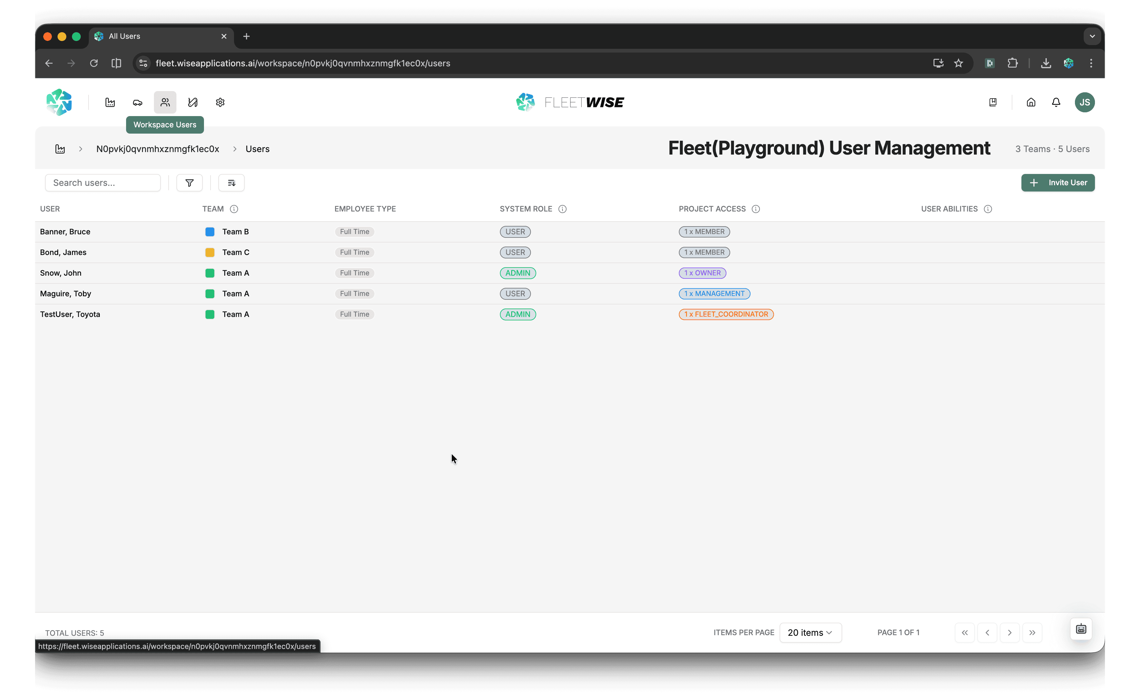 Workspace users list showing user, team, employee type, system role, project access, and abilities columns